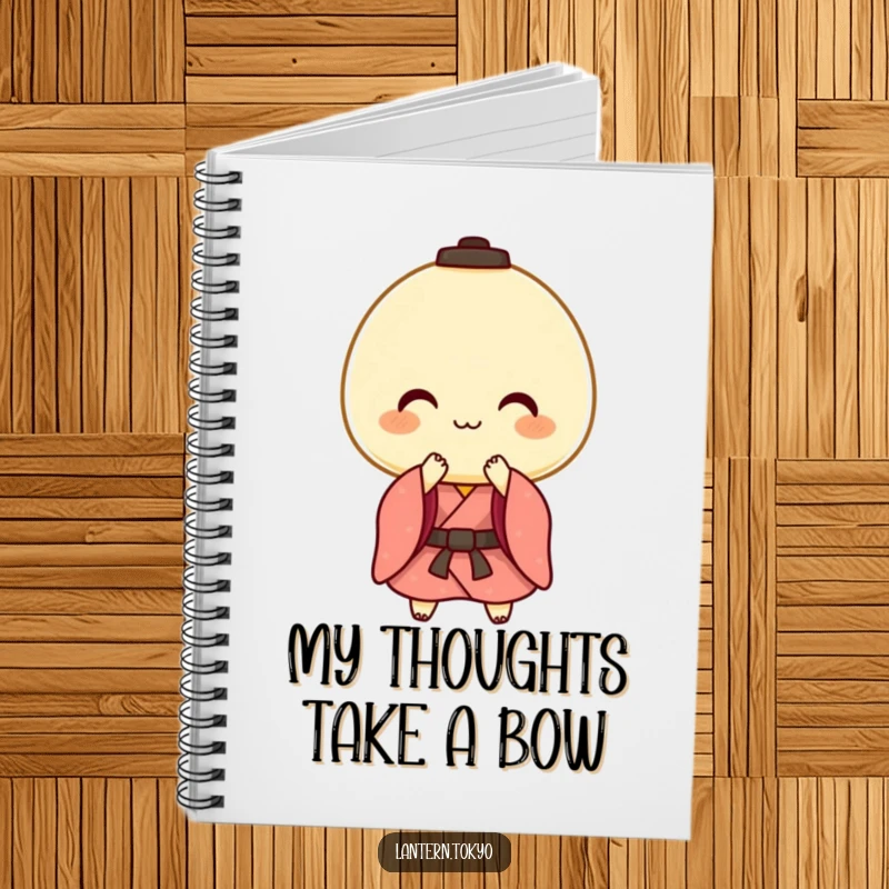 Funny notebook cover with a cheerful mochi lantern in a kimono performing a gentle bow, perfect for jotting down polite notes.