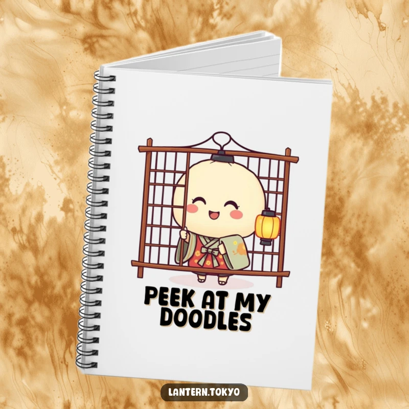 Funny notebook cover with a smiling rice ball lantern in a kimono playfully peeking from behind a screen, perfect for jotting ideas.