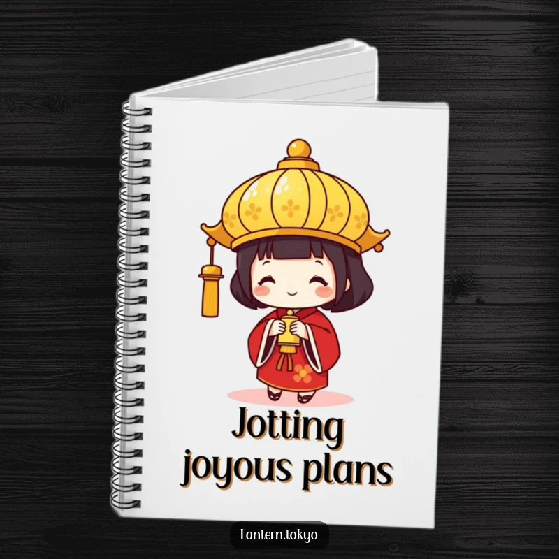 Funny Gold Lantern Notebook with a festive red kimono lantern holding a small bell, perfect for jotting down celebratory and humorous notes. A perfect funny gift.
