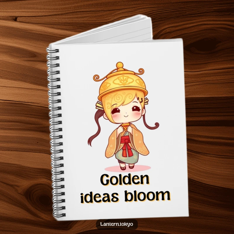 Funny golden lantern with intricate designs gently swaying in a kimono, inside a humorous notebook for writing and creativity.