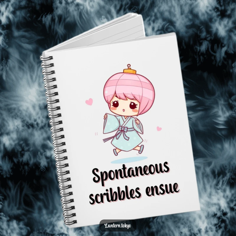 Funny Pink Lantern Notebook with a whimsical pink lantern in a light blue kimono, playfully skipping, perfect for jotting down fun and humorous notes. A perfect funny gift.