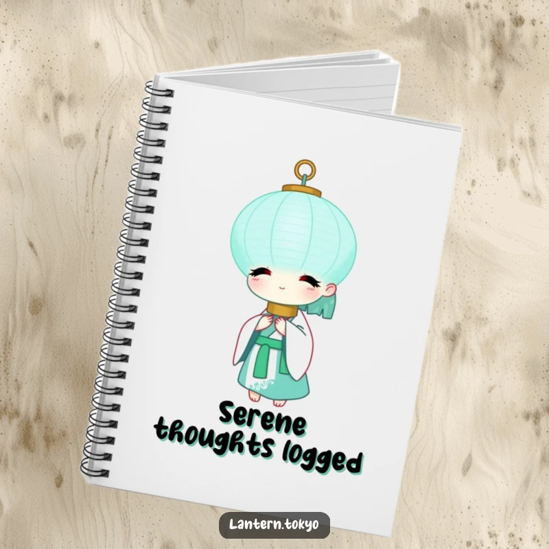 Funny Teal Lantern Notebook with a serene teal lantern in a white kimono, perfect for journaling peaceful thoughts with humor. A perfect funny gift.