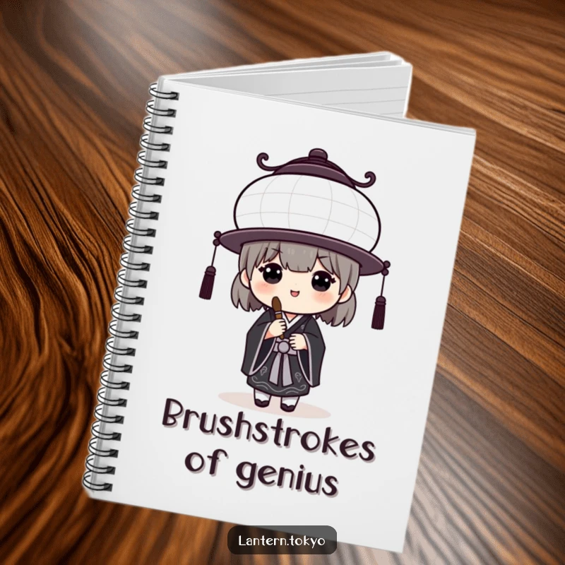 Funny White Lantern Notebook with a black kimono artist holding a brush, ideal for jotting down creative and humorous thoughts. A perfect funny gift.