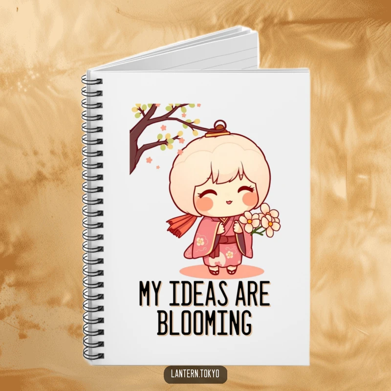 Funny notebook cover with a blushing dango lantern in a kimono offering a delicate flower, perfect for jotting down sweet thoughts.