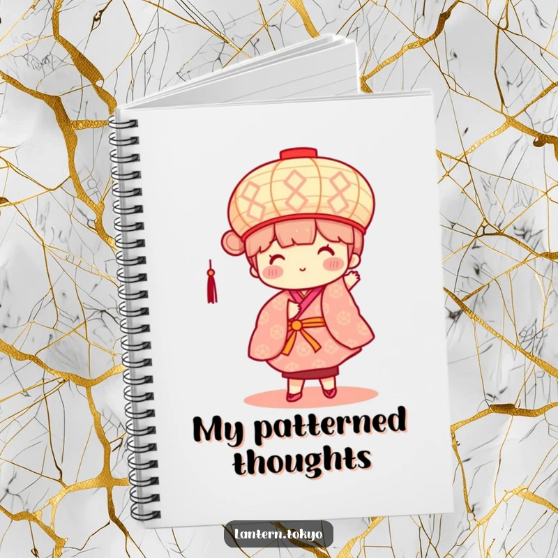 Funny notebook with a square lantern character with rosy cheeks, dancing in a kimono, inspiring creative notes.