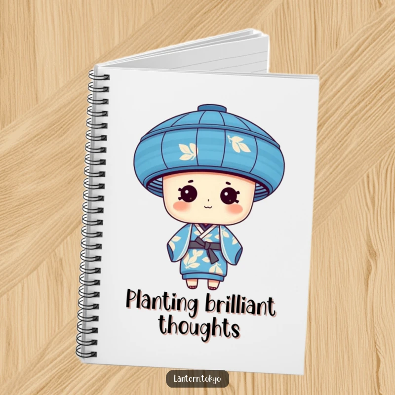 Funny blue cylindrical lantern with leafy patterns wearing a silk kimono, inside a humorous notebook for writing.