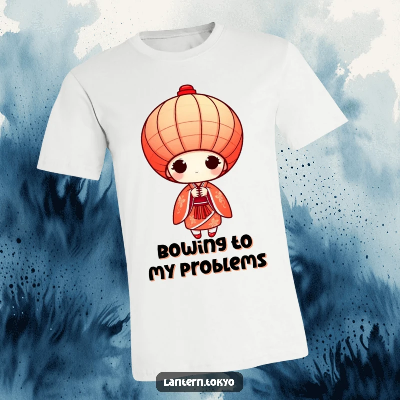Funny red conical lantern wearing a detailed kimono, gracefully bowing artwork on a t-shirt, humorous fashion statement.