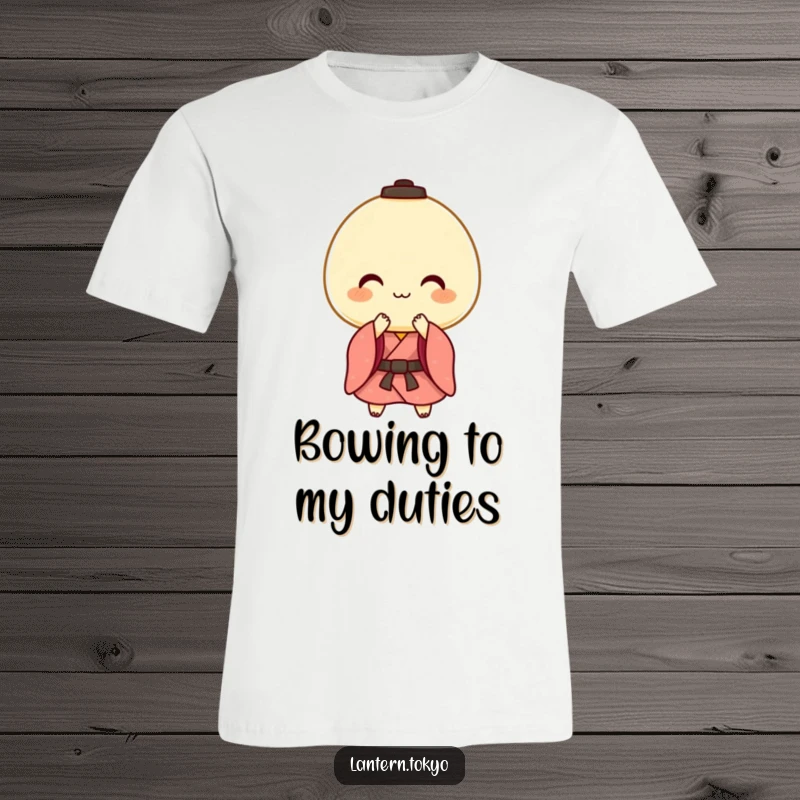 Funny t-shirt featuring a cheerful mochi lantern in a kimono performing a gentle and polite bow, radiating warmth and friendliness.