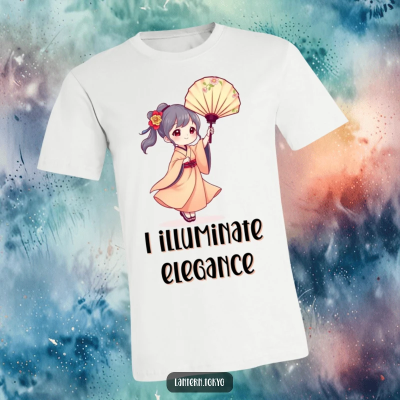 Funny t-shirt featuring a graceful lantern character in a beautiful kimono elegantly twirling a floral fan, symbolizing artistic flair.