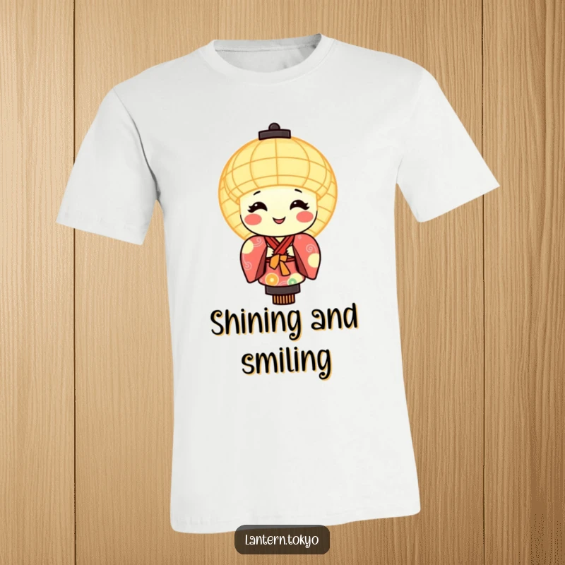 Funny t-shirt showcasing a smiling, round lantern character wearing a brightly colored, traditional kimono.