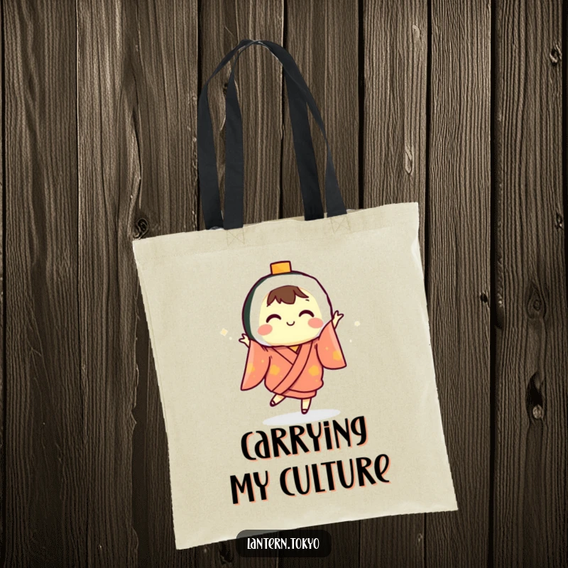 Funny sushi lantern in a kimono performing a happy dance, presented on a durable tote bag for a humorous shopping experience.