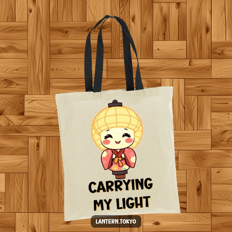 Funny tote bag with a round, smiling, glowing lantern character adorned in a colorful and elegant kimono.
