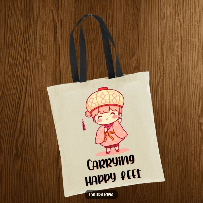 Funny tote bag with a square, patterned lantern character with rosy cheeks, dancing energetically in a kimono.