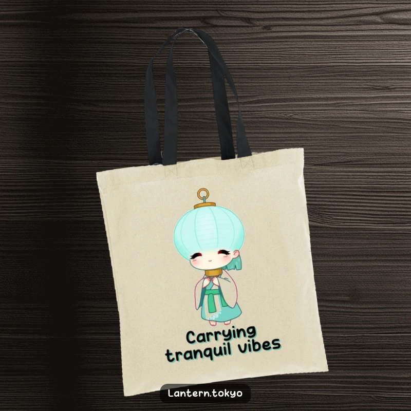 Funny Teal Lantern Tote Bag with a serene teal lantern in a flowing white kimono. A practical and humorous accessory for peace lovers.